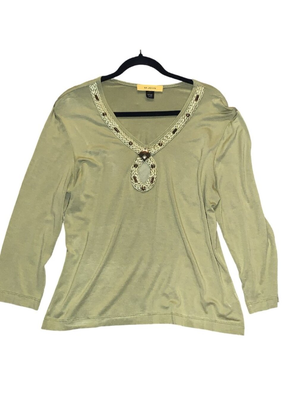 St. John Yellow Label Beaded Braided Detail 3/4 Sleeve Green Top Size L